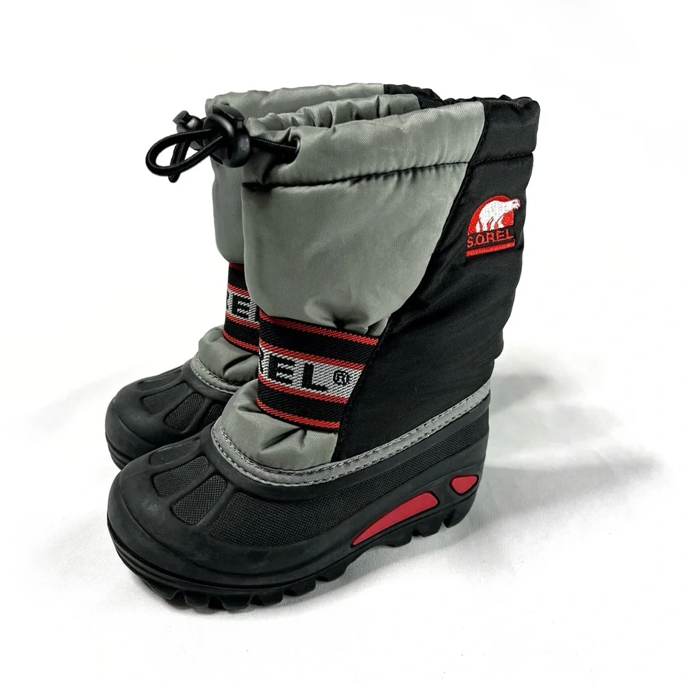 Sorel Youth Grey and Red Cub Insulated Snow Boots Size 8